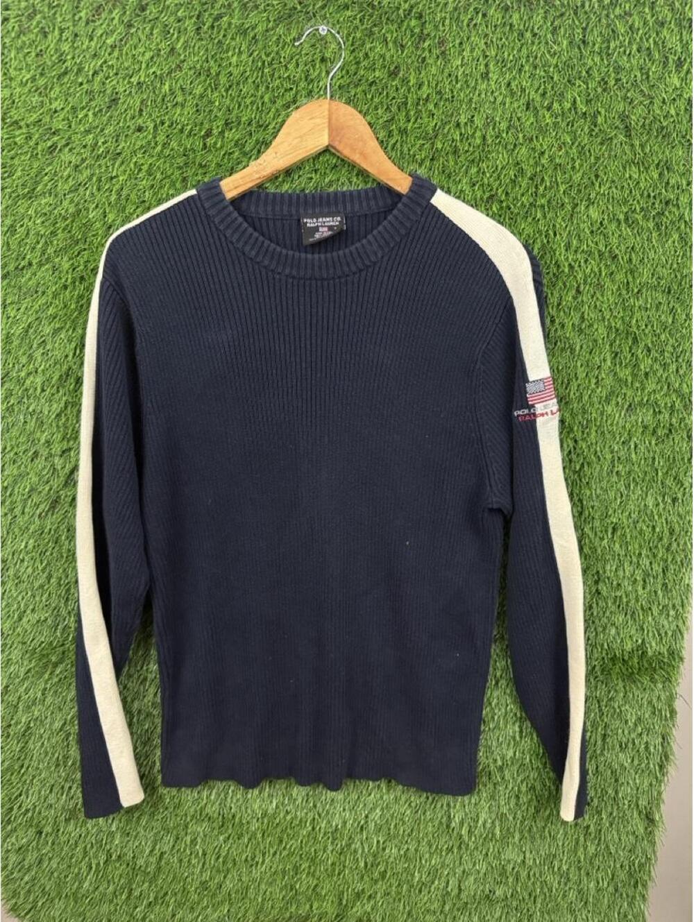 Polo Jeans Co Ralph Lauren Rib Knit Sweater Navy Cream Flag Sleeve Y2K Size M